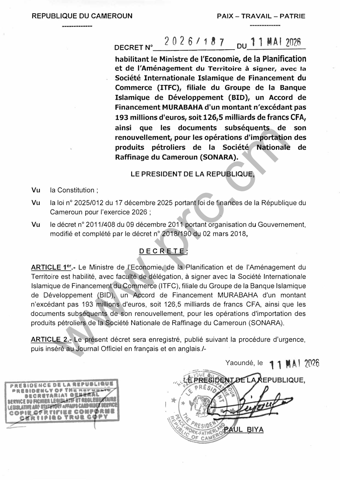 Décret : Accord de Financement Murabaha ITFC (Cameroun)