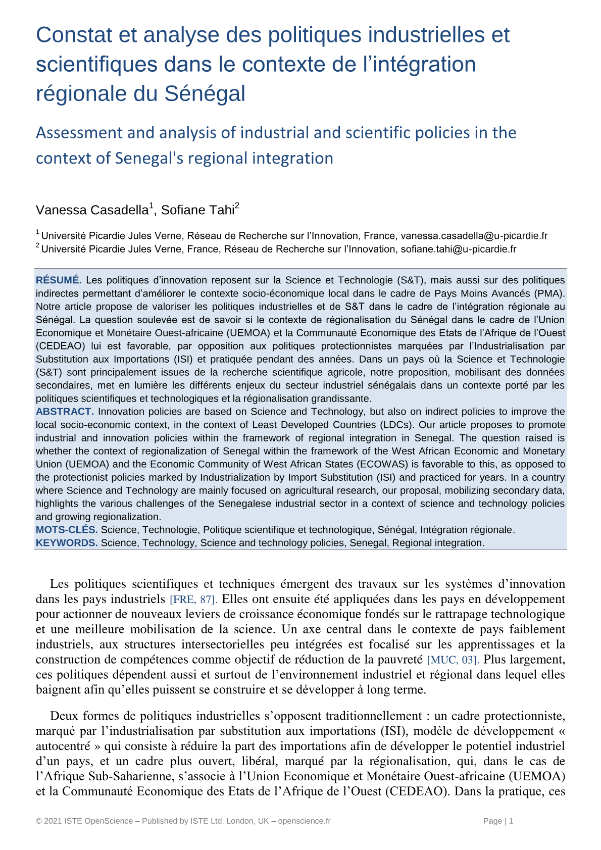 Politiques industrielles et scientifiques au Sénégal : Intégration régionale