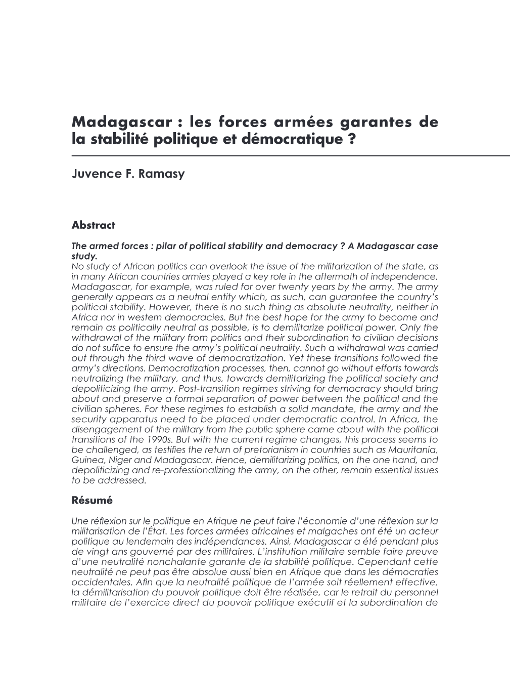 Madagascar : Armée, stabilité politique et démocratie