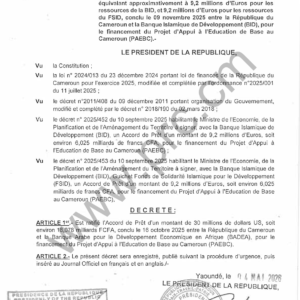 Décret : Ratification Accord Prêt BADEA/BID Éducation (Cameroun)