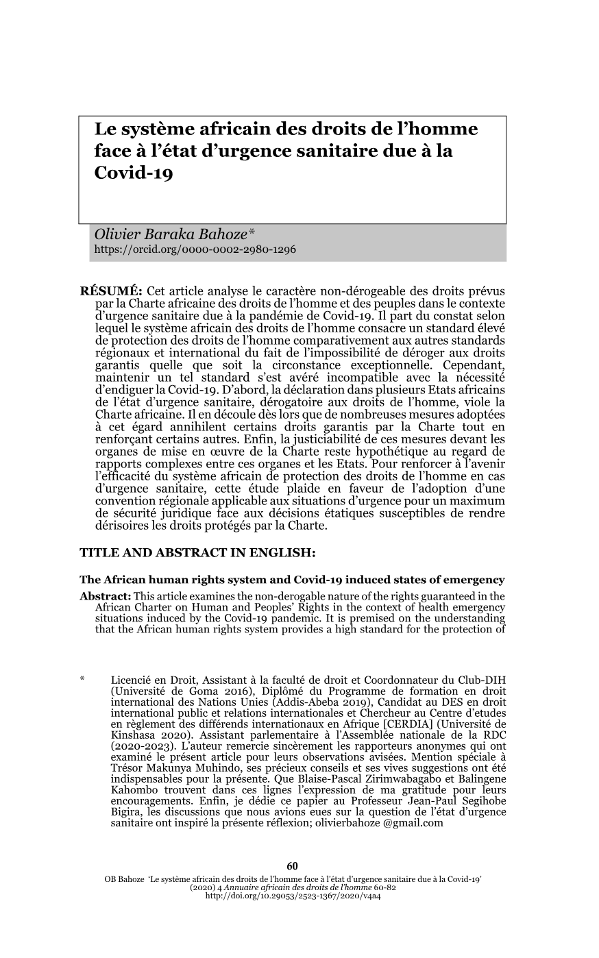 Droits non-dérogeables africains et urgence sanitaire Covid-19