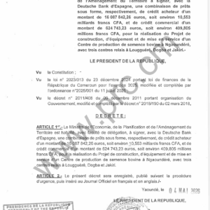 Décret : Prêts Deutsche Bank pour Centre semence bovine (Cameroun)