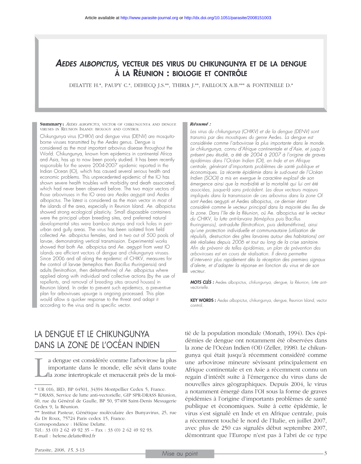 Aedes albopictus à La Réunion : Biologie et contrôle des virus Chikungunya et Dengue