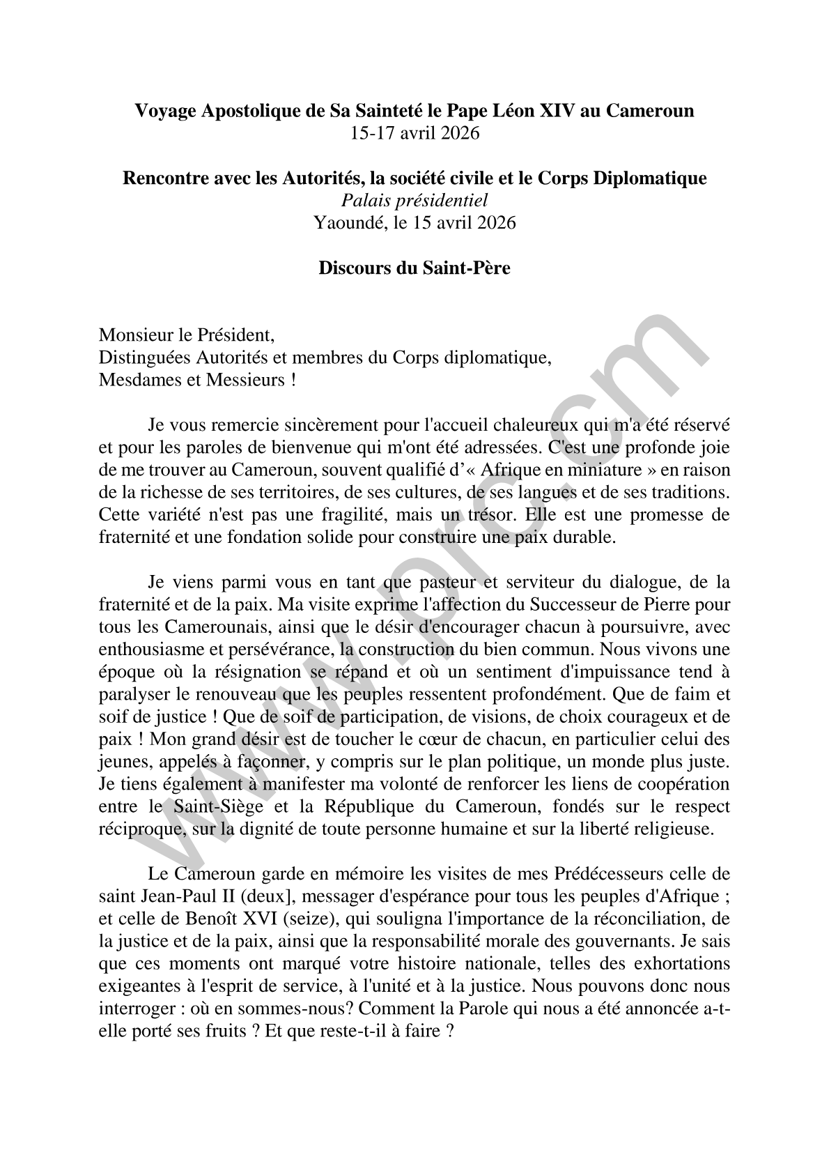 Discours du Pape Léon XIV au Cameroun : Paix, Justice et Développement
