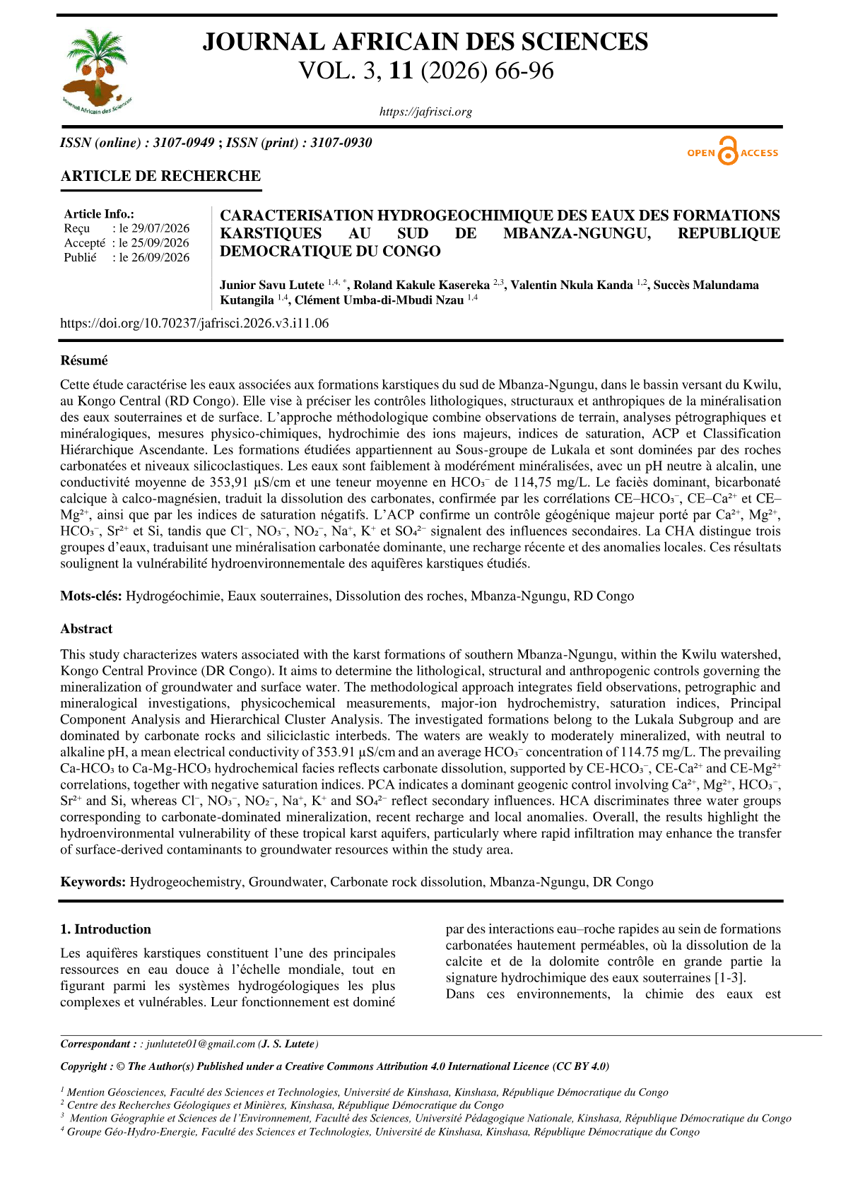 Caractérisation hydrogéochimique des eaux karstiques à Mbanza-Ngungu (RDC)