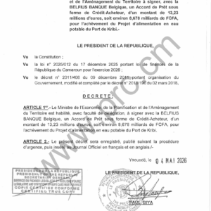 Décret : Prêt Belfius Banque pour eau potable Port de Kribi (Cameroun)