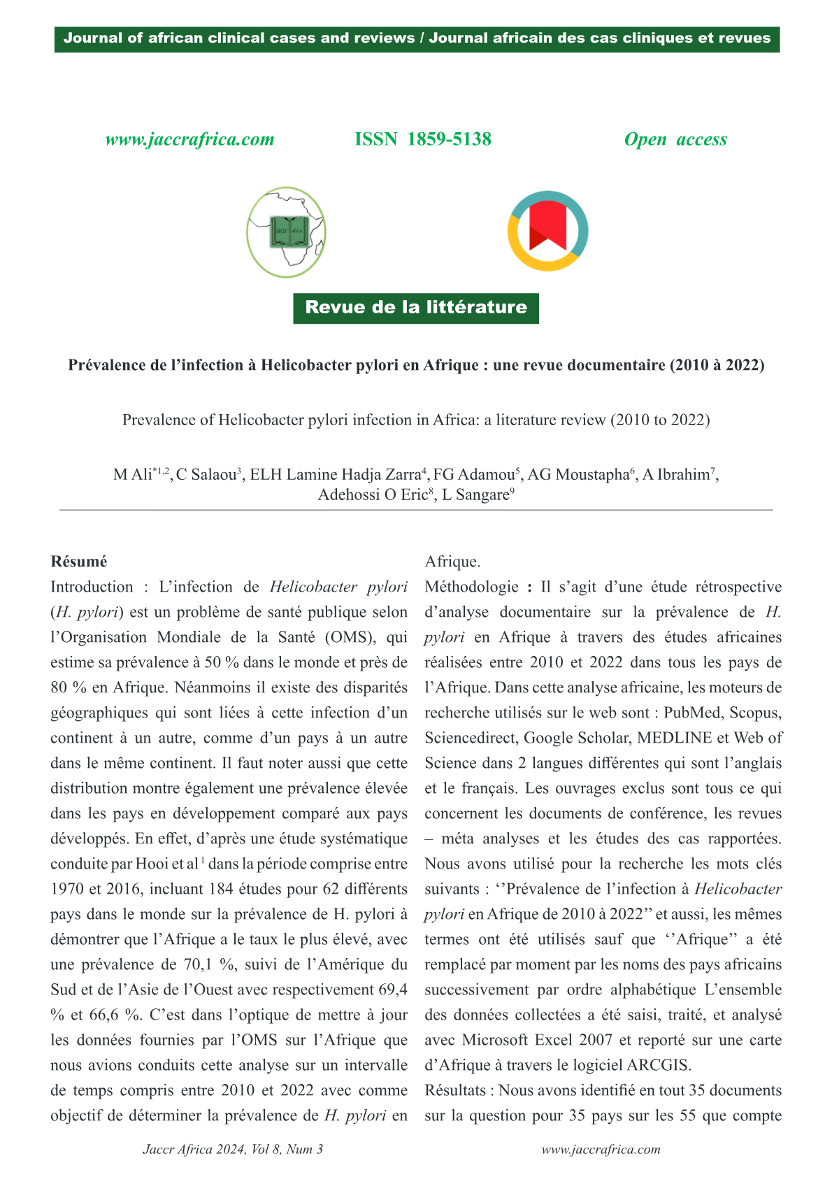Prévalence d'Helicobacter pylori en Afrique : analyse documentaire (2010-2022)