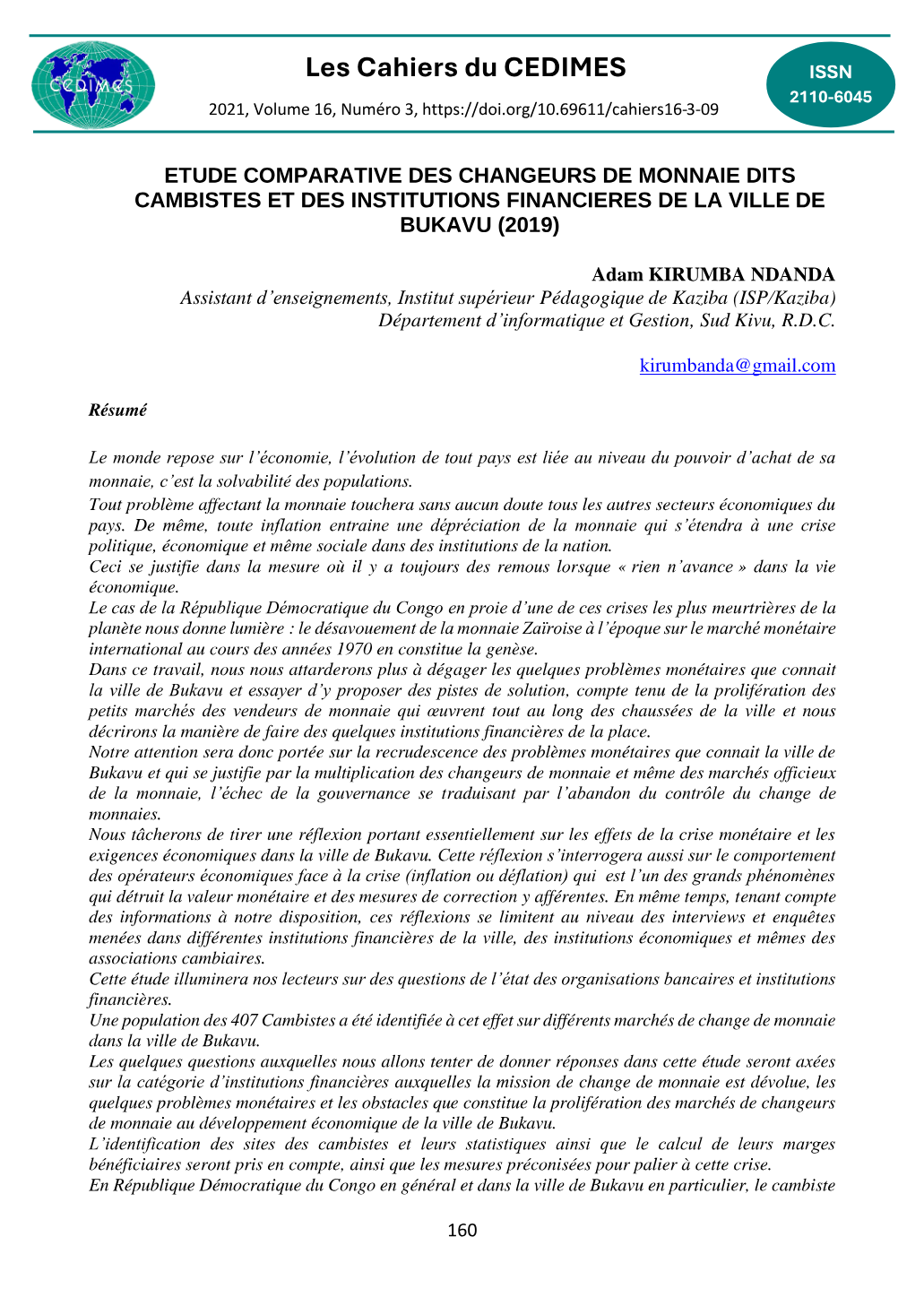 Cambistes et institutions financières à Bukavu (RDC): étude comparative