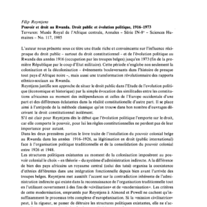 Recension : Pouvoir et droit au Rwanda, évolution politique et droit public