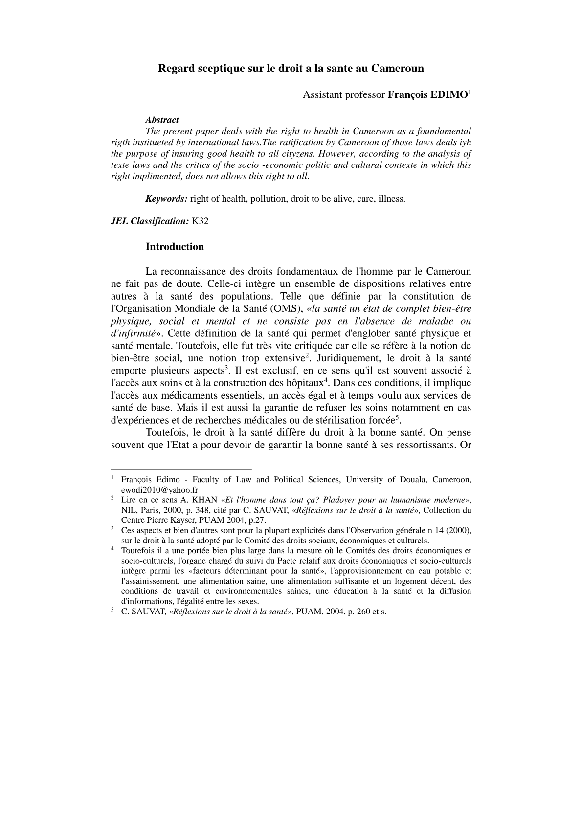 Droit à la santé au Cameroun : entre reconnaissance et effectivité